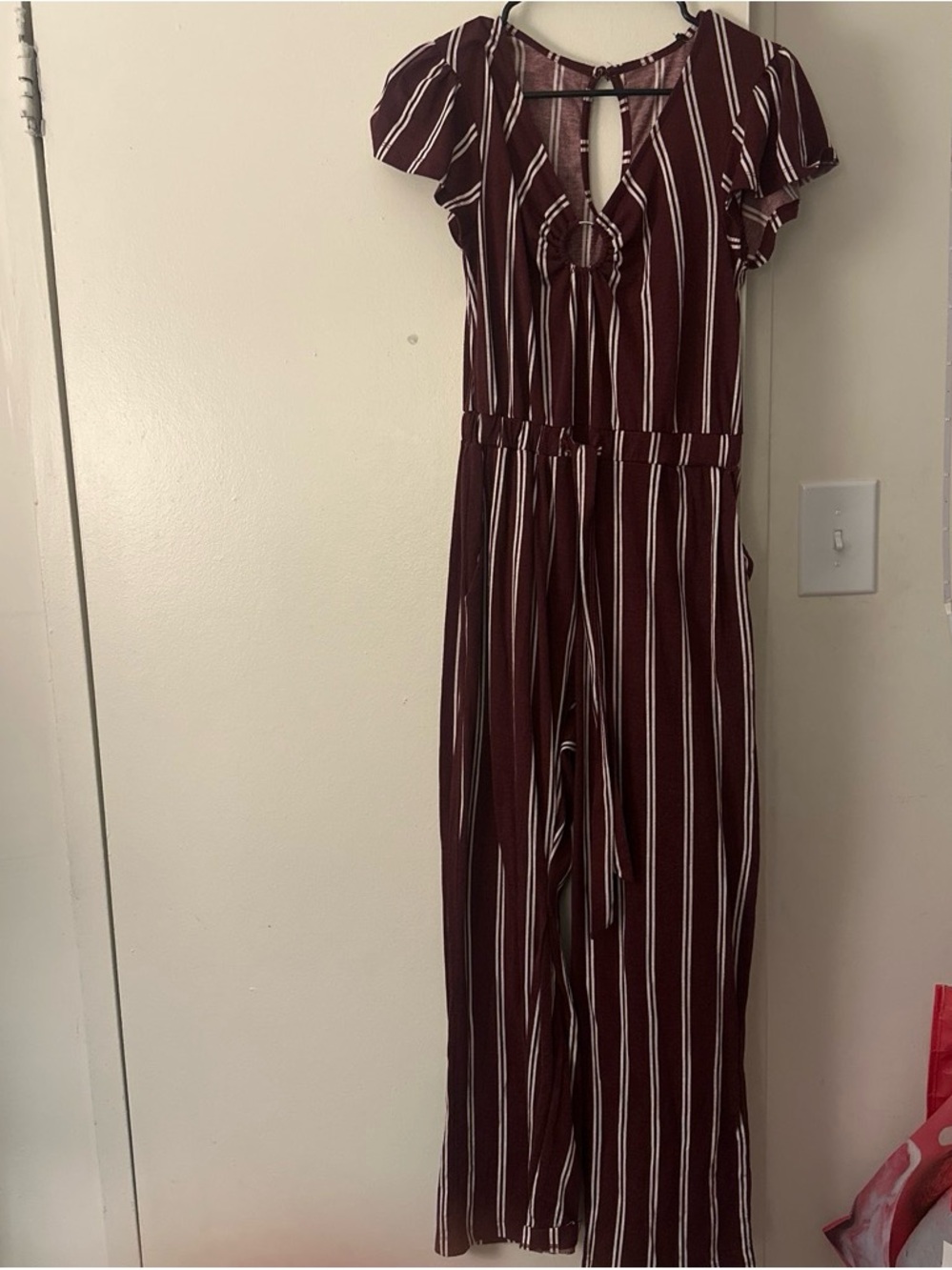 Striped Maroon Wide-Leg Jumpsuit with Tie Detail